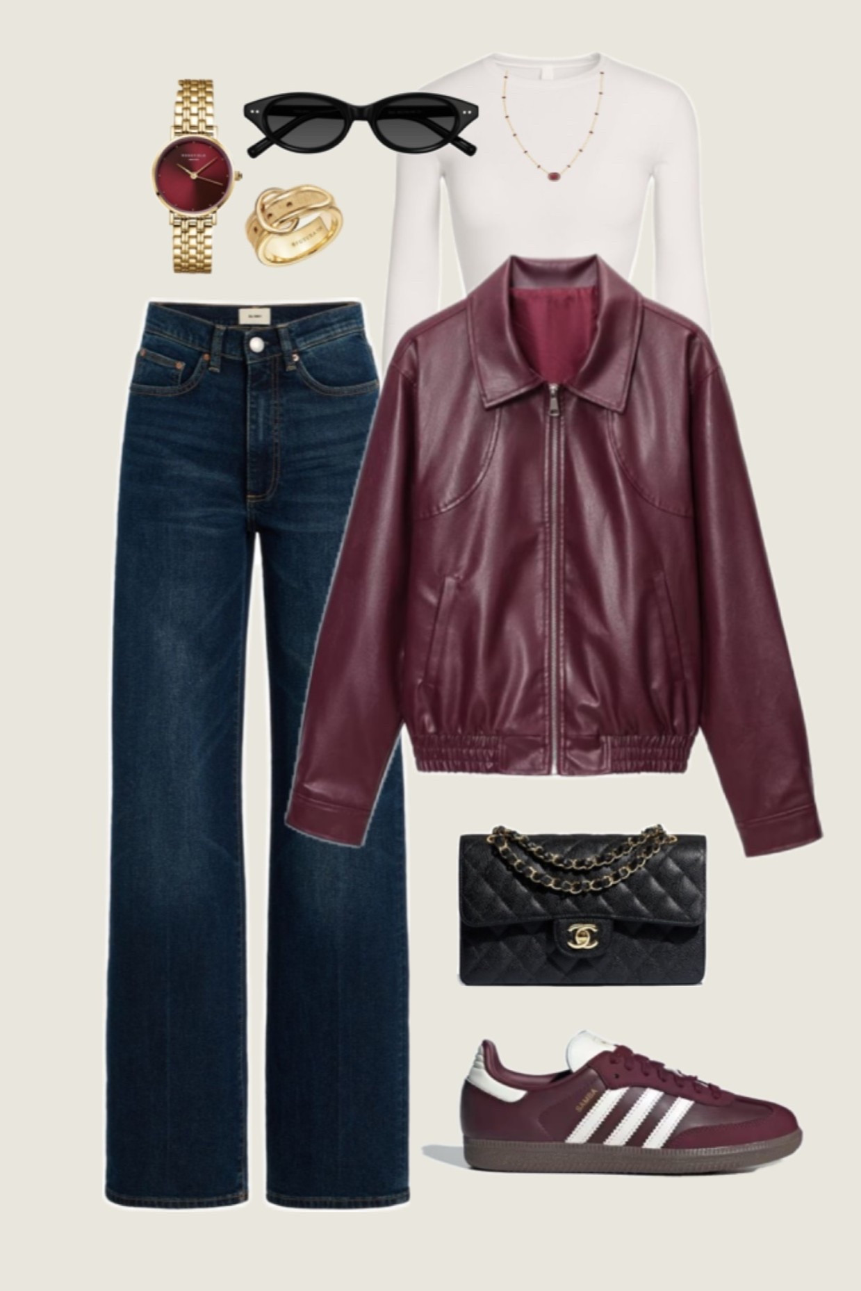 Burgundy outfit idea for fall! 

Burgundy leather jacket, dark denim jeans, maroon fashion, wine colored adidas sambas, sneaker outfit inspo, casual chic style, fall style, casual outfit 

#LTKFindsUnder100 #LTKHoliday #LTKSaleAlert