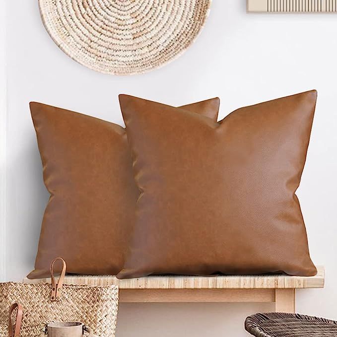 Faux Leather Pillow Cover (Set of 2, 20 x 20”) Brown Throw Pillow Case - Modern Boho Farmhouse ... | Amazon (US)