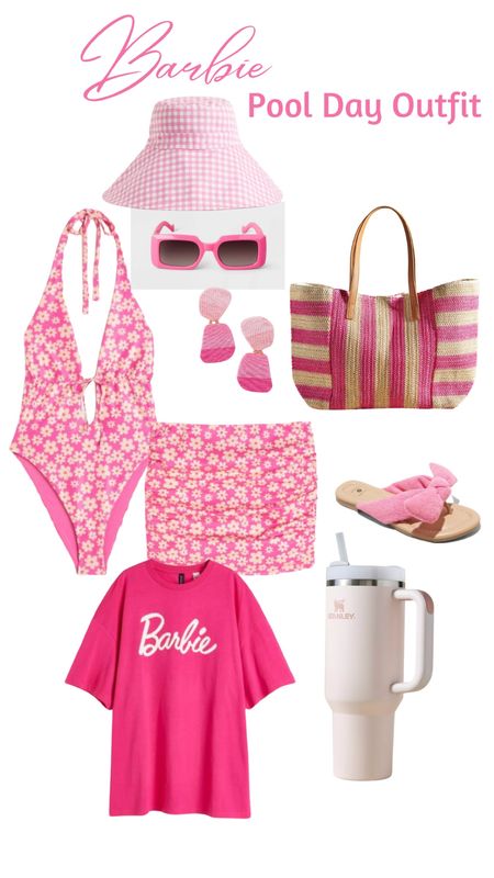 Barbie pink pool day outfit, Barbie bikini, pink swimsuit, pink sandals, pink Stanley 

#LTKunder50 #LTKunder100 #LTKxAnthro