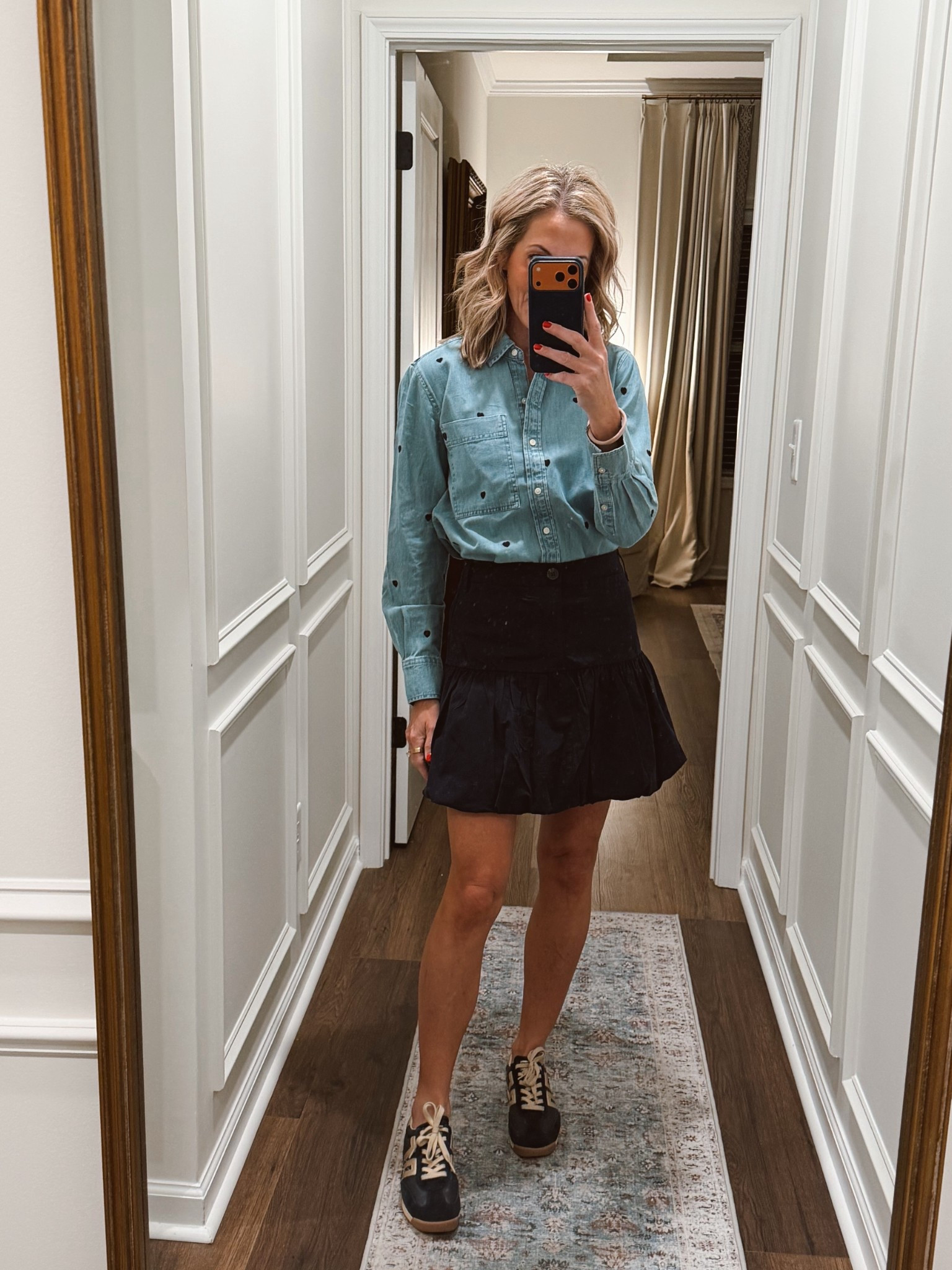 Back in stock!!!!! Loving that this skirt is back in stock. Paired with this free assembly denim heart shirt both under $30. 