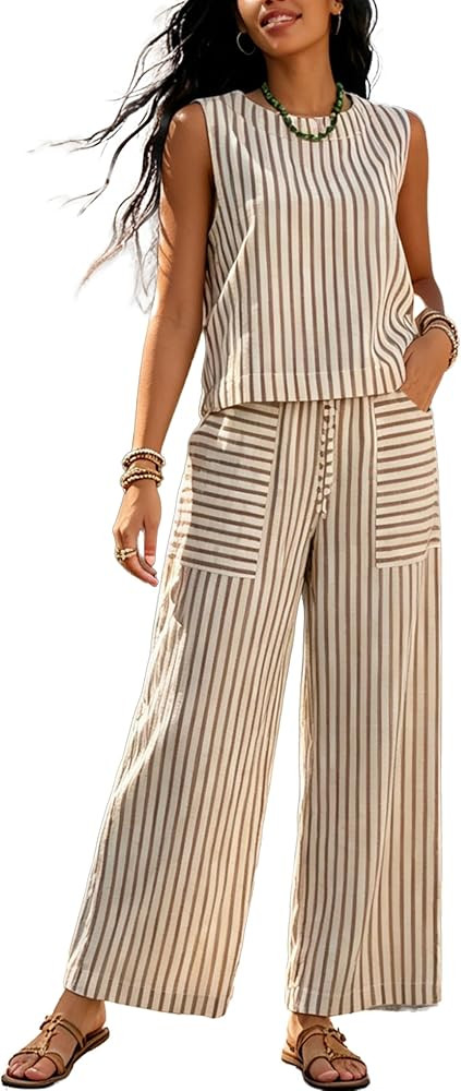 Womens 2 Piece Pant Set Striped Sleeveless Crewneck Top High Waisted Wide Leg Pant Casual Summer ... | Amazon (US)