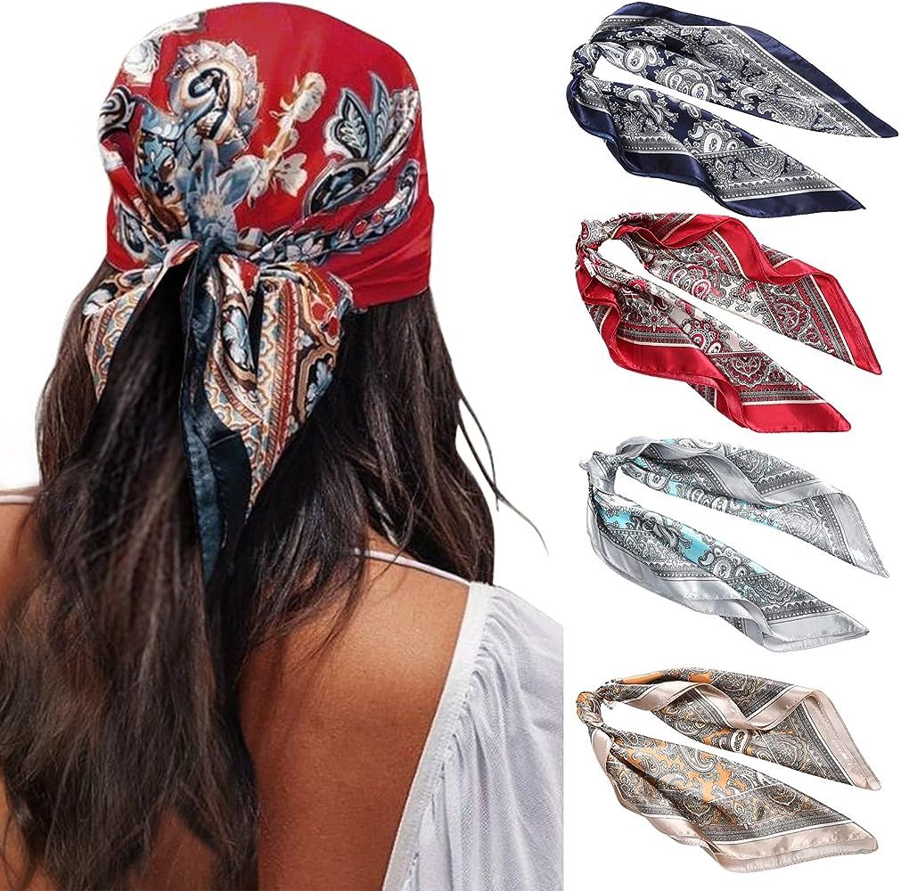 HAIMEIKANG Satin Head Scarves Square Silk Feeling Hair Scarf 4 PCS 23.6 Inches Headscarf for Wome... | Amazon (US)