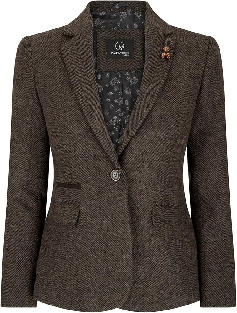 Women Blazer Tweed Herringbone Wool Classic Smart Casual Vintage Check 1920s | Amazon (US)