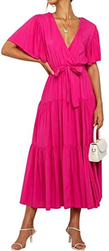 R.Vivimos Summer Dress for Women Cotton Ruffle Short Sleeves V Neck Casual Flowy Midi Dress with ... | Amazon (US)