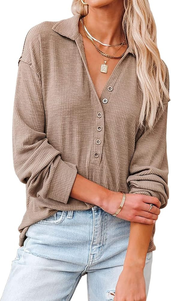 MIHOLL Womens V Neck Long Sleeve Blouses Casual Loose Stand Collar Knit Button Up Shirts Tops | Amazon (US)