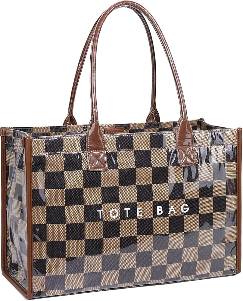 Lushandy PVC Tote Bag for Women, Large Plastic Tote Purse Work Kraft Paper Letter Print Shoulder ... | Amazon (US)