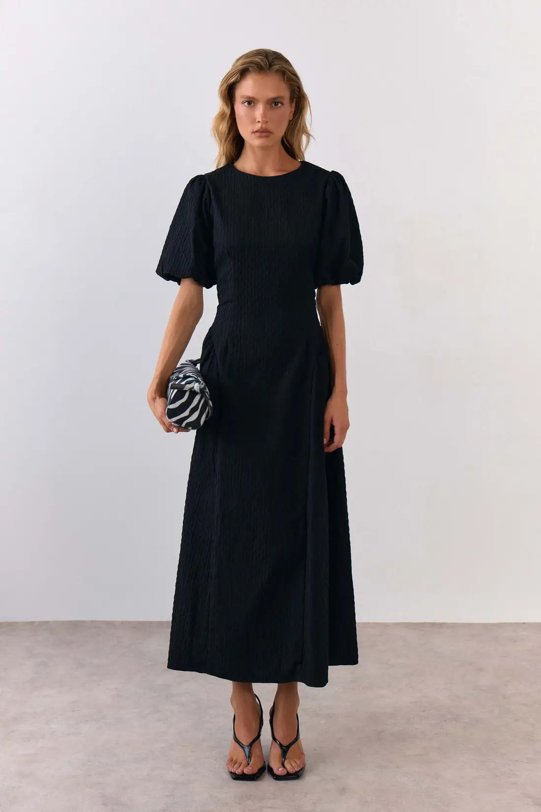 Black Warehouse Textured Godet Side Puff Sleeve Midi Dress | Debenhams | Debenhams UK