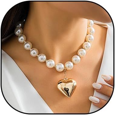Heart Necklaces for Women Gold Chunky Heart Necklace Pearl Beads Choker Necklaces Y2k Necklace Tr... | Amazon (US)