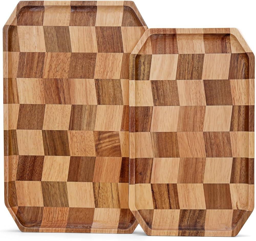 Wood Serving Trays - Set of 2 Rectangular Serving Platters, Wooden Decorative Board Charcuterie B... | Amazon (US)