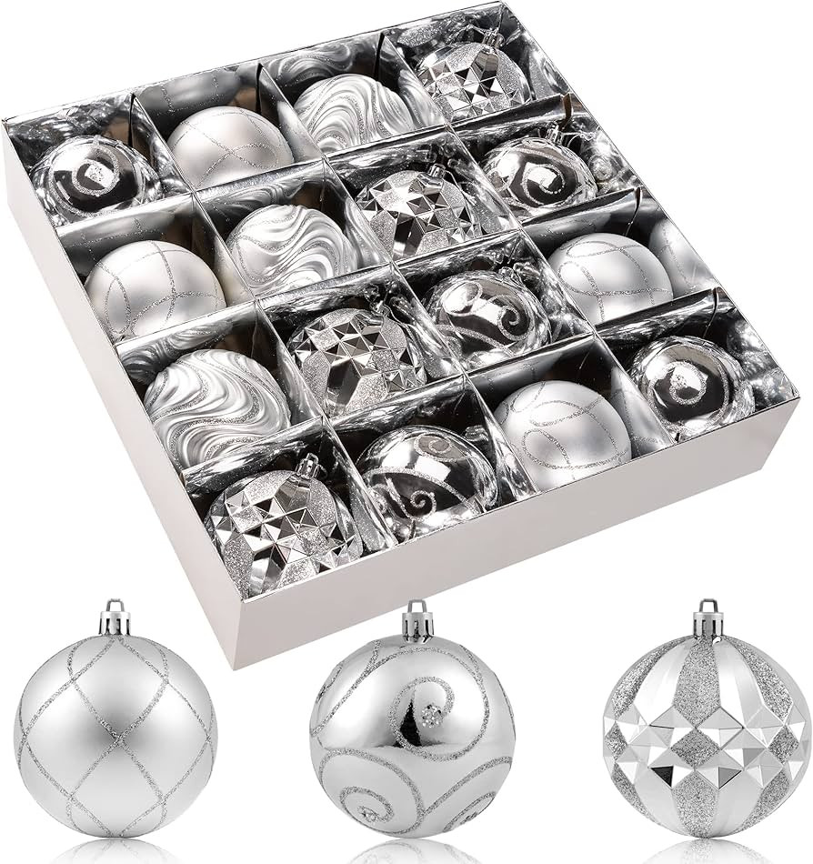 3.15" Silver Christmas Ball Ornaments Set, 16pc Silver Xmas Tree Ornaments Decoration, Shatterpro... | Amazon (US)