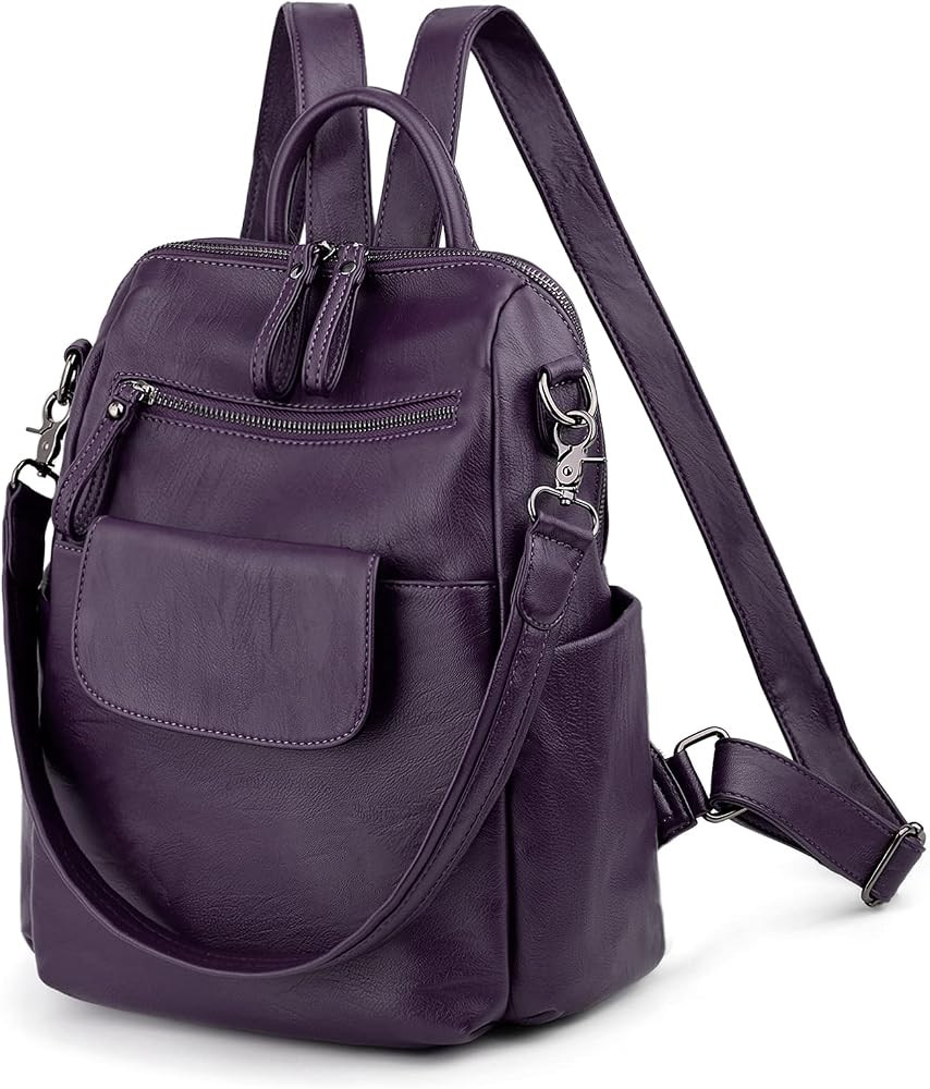 UTO Women Backpack Purse 3 ways PU Washed Leather Ladies Rucksack Shoulder Bag C Purple | Amazon (US)
