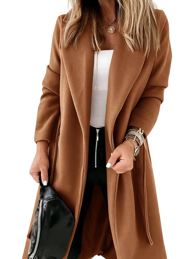 Womens Classic Coat Lapel Collar Open Front Belted Long Jacket | Amazon (US)