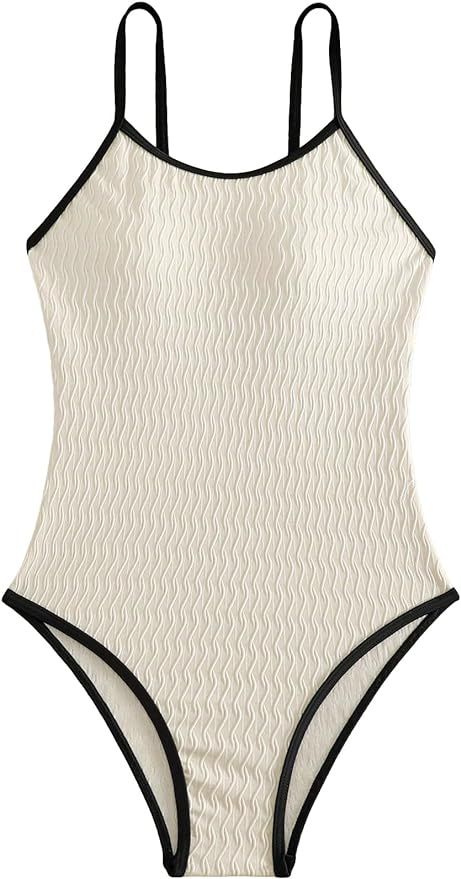 BEAUDRM Women's Contrast Binding One Piece Swimsuit Bathing Suits Plain Backless Swimwear Beachwe... | Amazon (US)