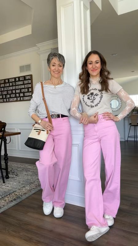 Old navy pink wide leg pants for mom + me! 

Striped top // graphic t shirt over lace shirt // pink pants // spring outfits // long sleeve lace shirt // long sleeve striped shirt // old navy pants 

#LTKfindsunder50 #LTKstyletip #LTKover40