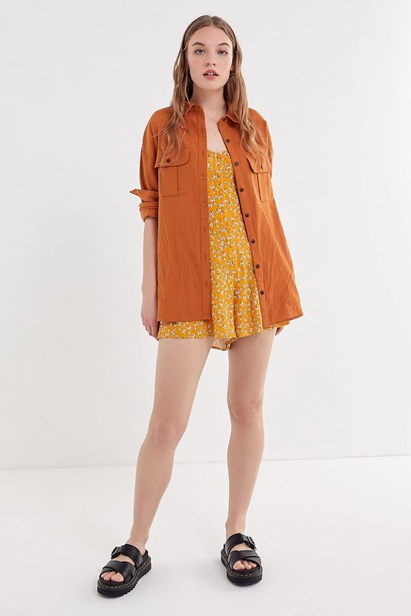 UO Floral Ruffle Button-Front Romper | Urban Outfitters (US and RoW)