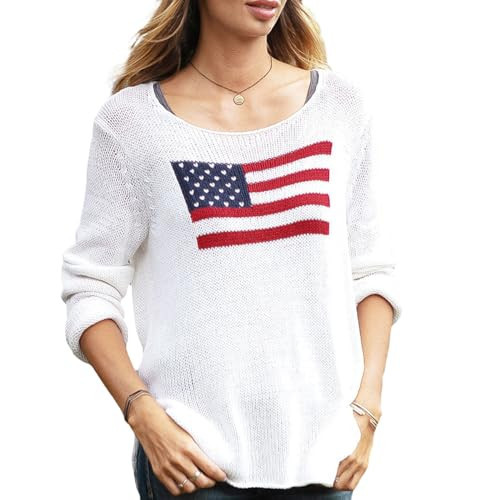 Women's American Flag Sweater Vintage Star Print Long Sleeve Crew Neck Sweater Top 4th of July Knit Top (Flag Print-White, L) | Amazon (US)