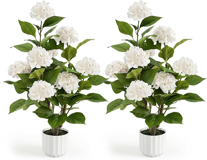 3FT Artificial Hydrangea Tree 2 Pack, Realistic Faux Hydrangea Plants in Pot with White Flowers, ... | Amazon (US)