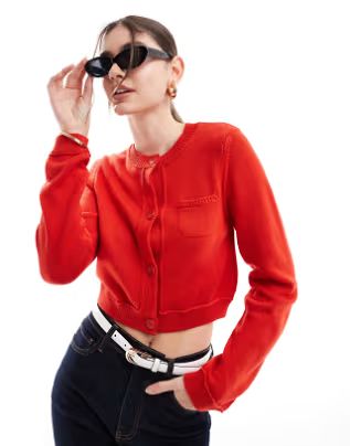 ASOS DESIGN crew neck cropped cardigan with pocket in cotton blend in red | ASOS (Global)