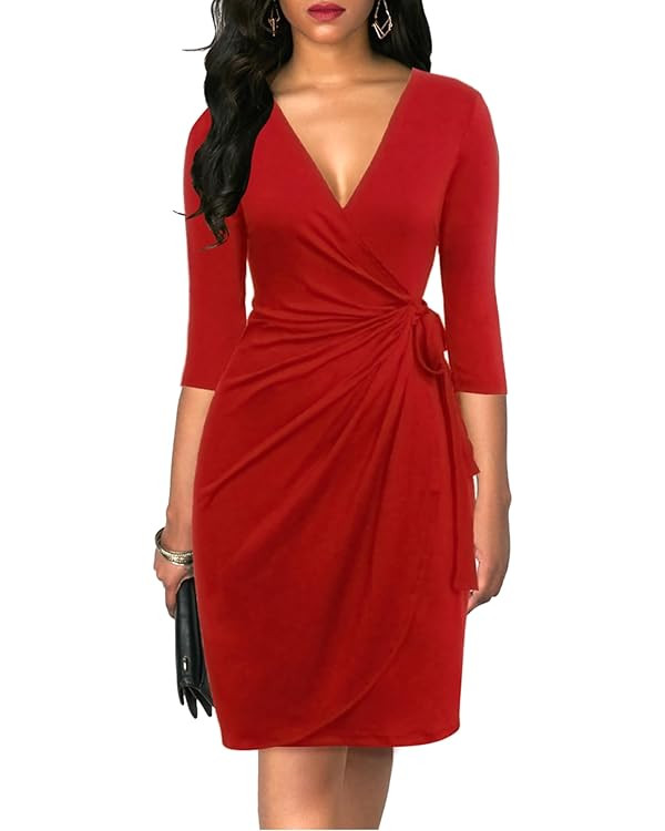 Berydress Women's Classic 3/4 Sleeve V Neck Sheath Casual Party Work Faux Black Wrap Dress | Amazon (US)
