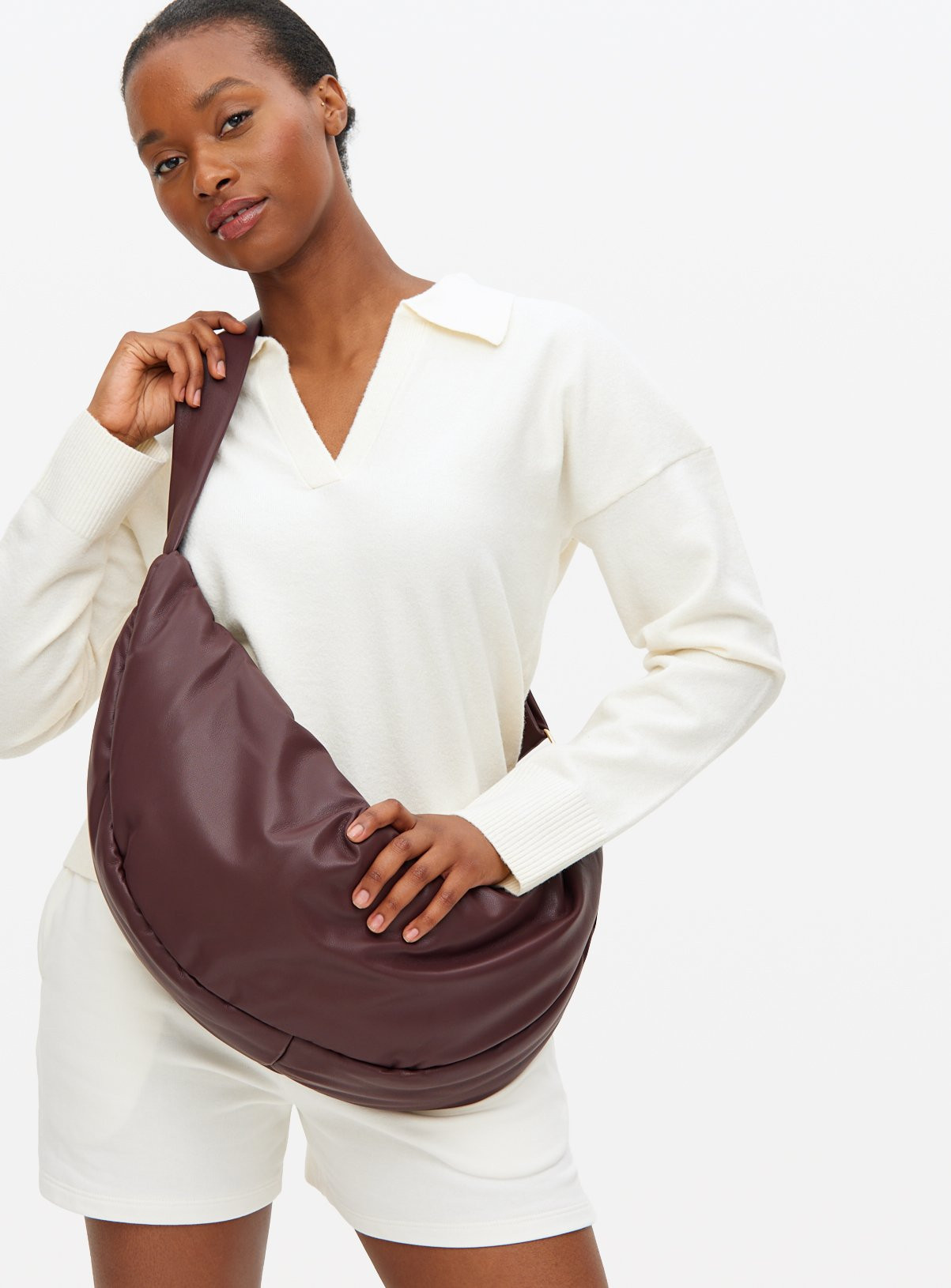 Red Burgundy Faux Leather Oversized Half Moon Bag One Size | Tu Clothing