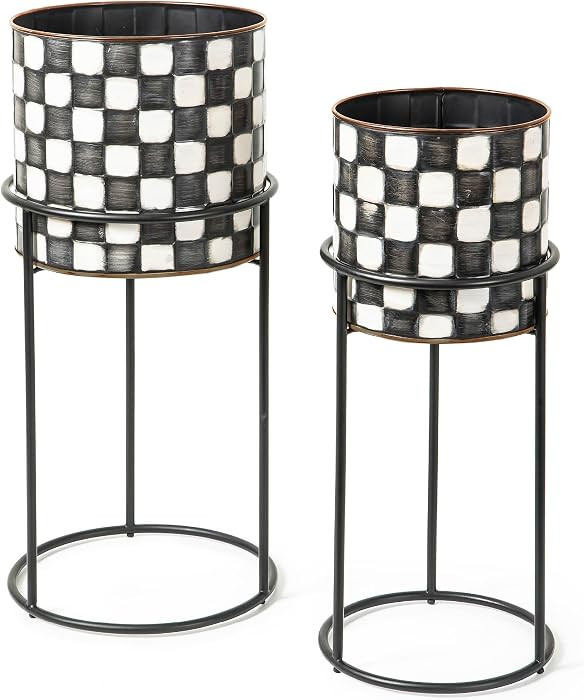 MACKENZIE-CHILDS Set of 2 Check It Out Metal Planters, Black-and-White Garden Planter | Amazon (US)