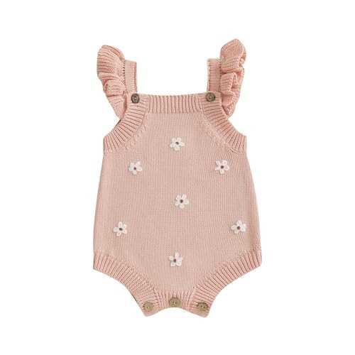 VSQWLZT Infant Baby Girl Summer Sleeveless Strap Bubble Romper One Piece Newborn Knitted Floral Bodysuit Outfit (Pink, 0-3 Months) | Amazon (US)