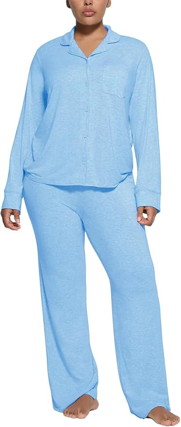 Women's Pajama Sets Long Sleeve Button Down Soft Knit Sleepwear 2 Piece Lounge Set | Amazon (US)