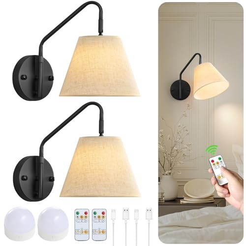 Novantl Black Wireless Wall Sconces Set of Two, Swing Arm Battery Wall Sconce, Battery Operated Wall Sconce with Remote, Battery Sconces with Linen Lampshade, Rechargeable Wall Lights for Living Room | Amazon (US)