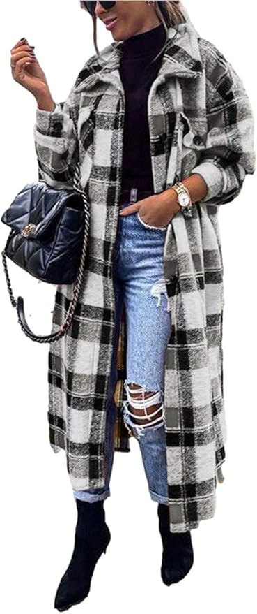 Omoone Women's Thick Woolen Lapel Button Up Long Plaid Shirt Coat Check Maxi Shacket | Amazon (US)
