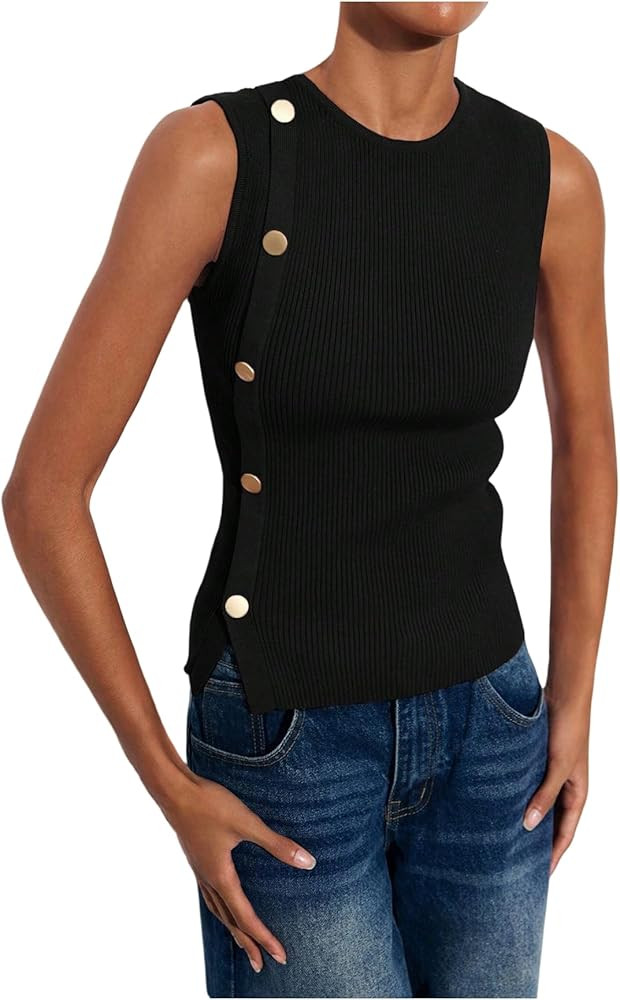 MakeMeChic Women's Sweater Vest Crewneck Metal Button Sleeveless Fitted Knit Tops | Amazon (US)