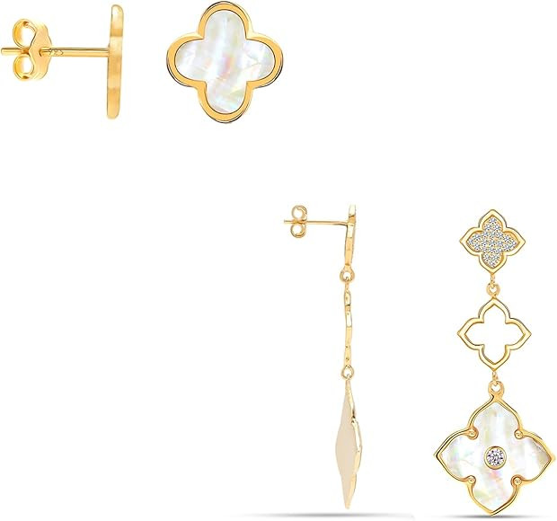 LeCalla 925 Sterling Silver MOP Jewelry Set for Women | 14K Gold-Plated Mother of Pearl Clover Le... | Amazon (US)