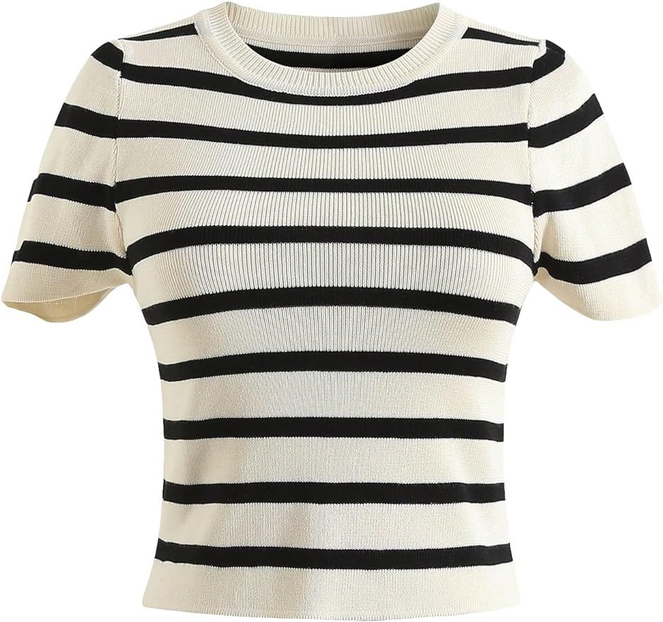 Verdusa Women's Striped Print Knit Short Sleeve Slim Fitted Crop Tee Top | Amazon (US)
