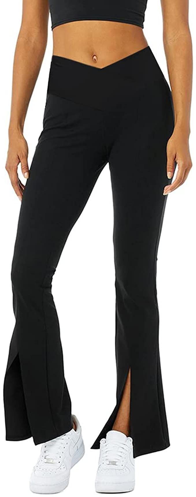 Women's Crossover High Waisted Bootcut Yoga Pants Flutter Leggings Front Split Flare Leg Workout ... | Amazon (US)