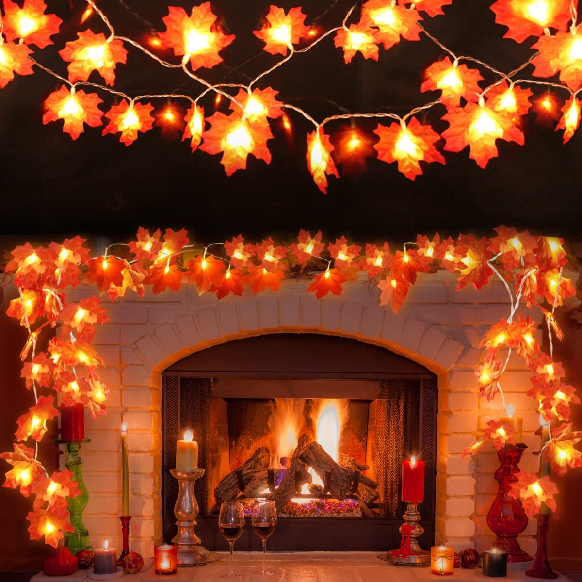 2Pack Fall Decor Garland for Home, Total 20Ft 40LED Fall String Lights Maple Leaf Garland with Batte | Amazon (US)