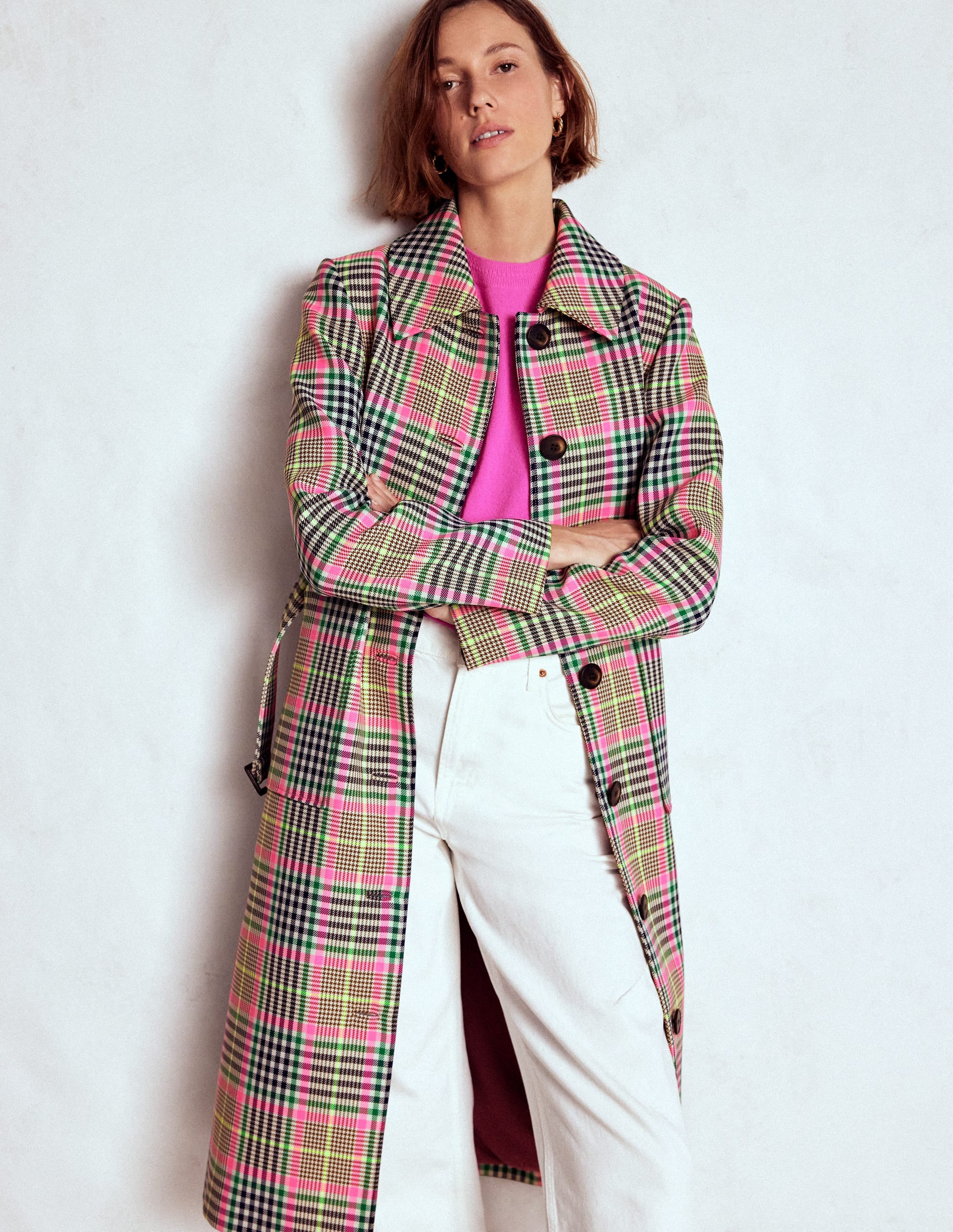 Lancaster Belted Mac-Brown, Neon Pink Check | Boden UK