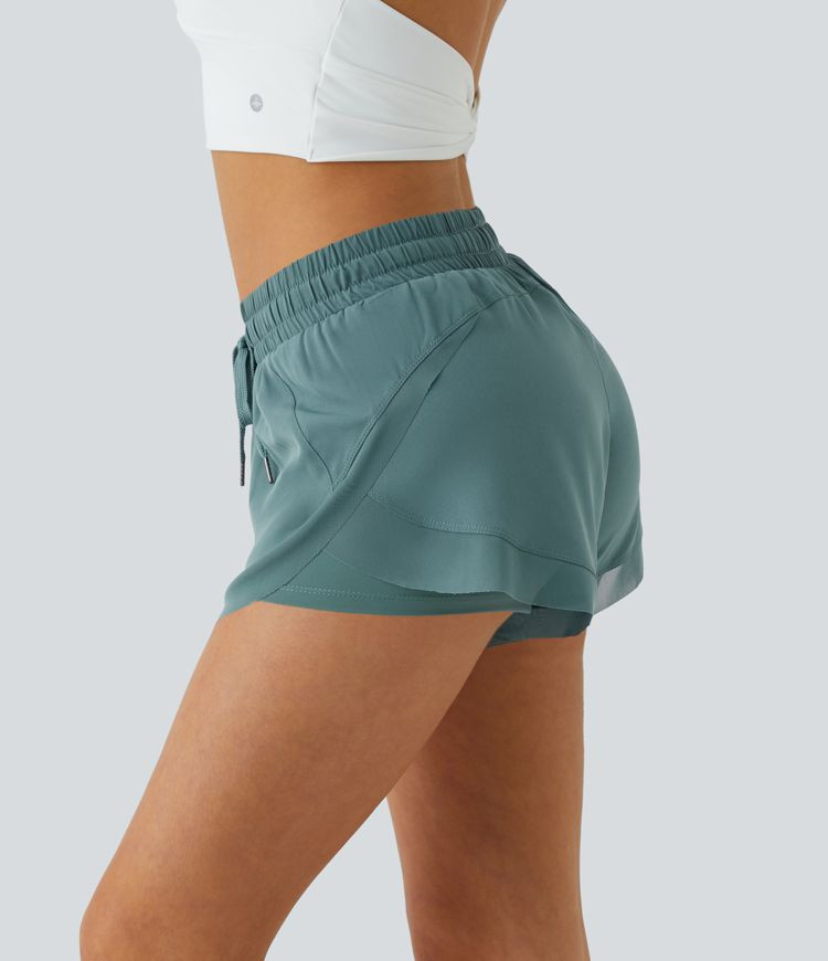 Women’s Mid Rise Drawstring Contrast Mesh 2-in-1 Flowy Running Shorts 3'' - Halara | HALARA