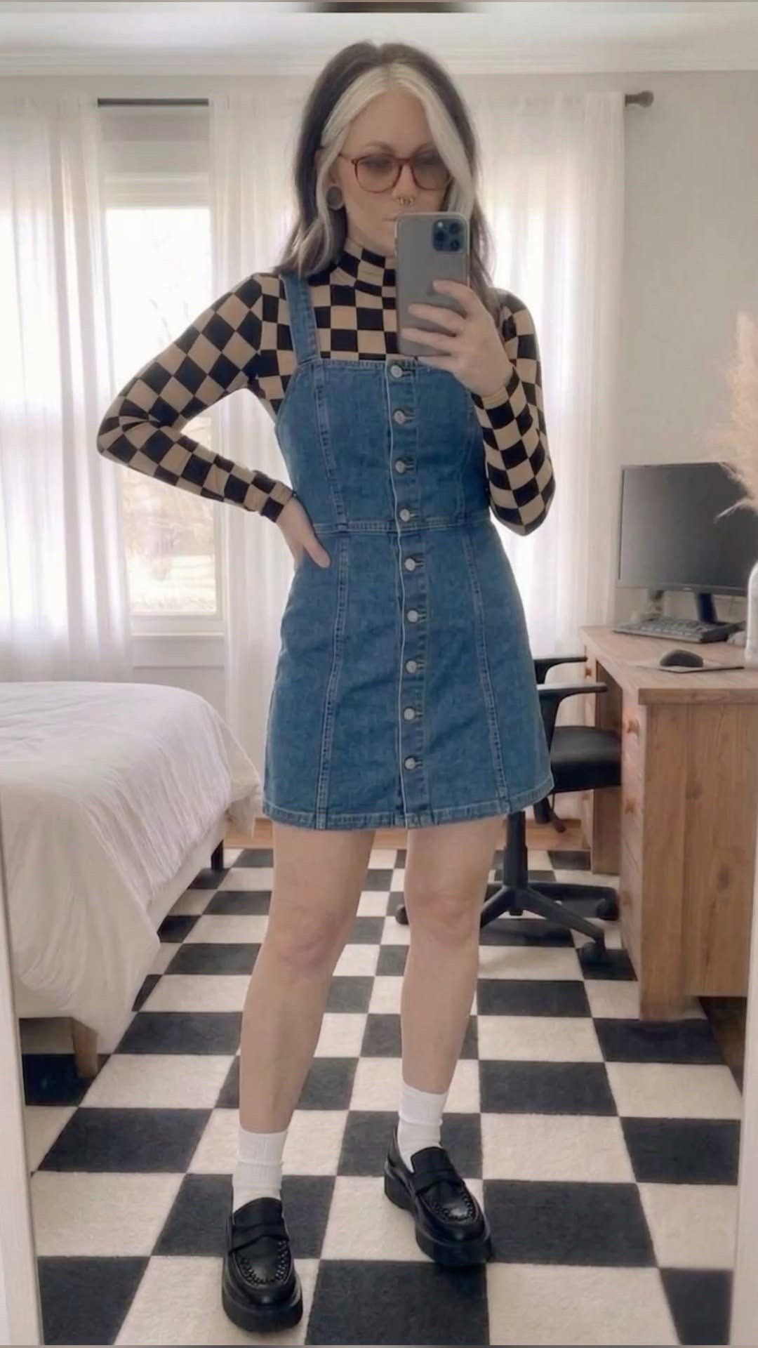 Channeling major retro-cool vibes with this layered denim overall dress and checkerboard mock neck top combination! Styled with chunky platform loafers and white crew socks for the ultimate casual-chic streetwear aesthetic.

#LTKootd #LTKSeasonal #LTKMidsize