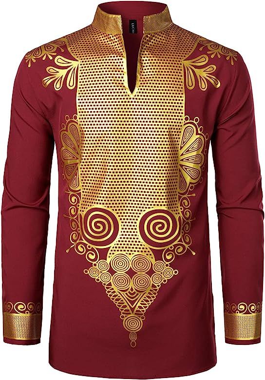 LucMatton Men's African Dashiki Luxury Metallic Gold Printed Mandarin Collar Shirt Burgundy X-Lar... | Amazon (US)