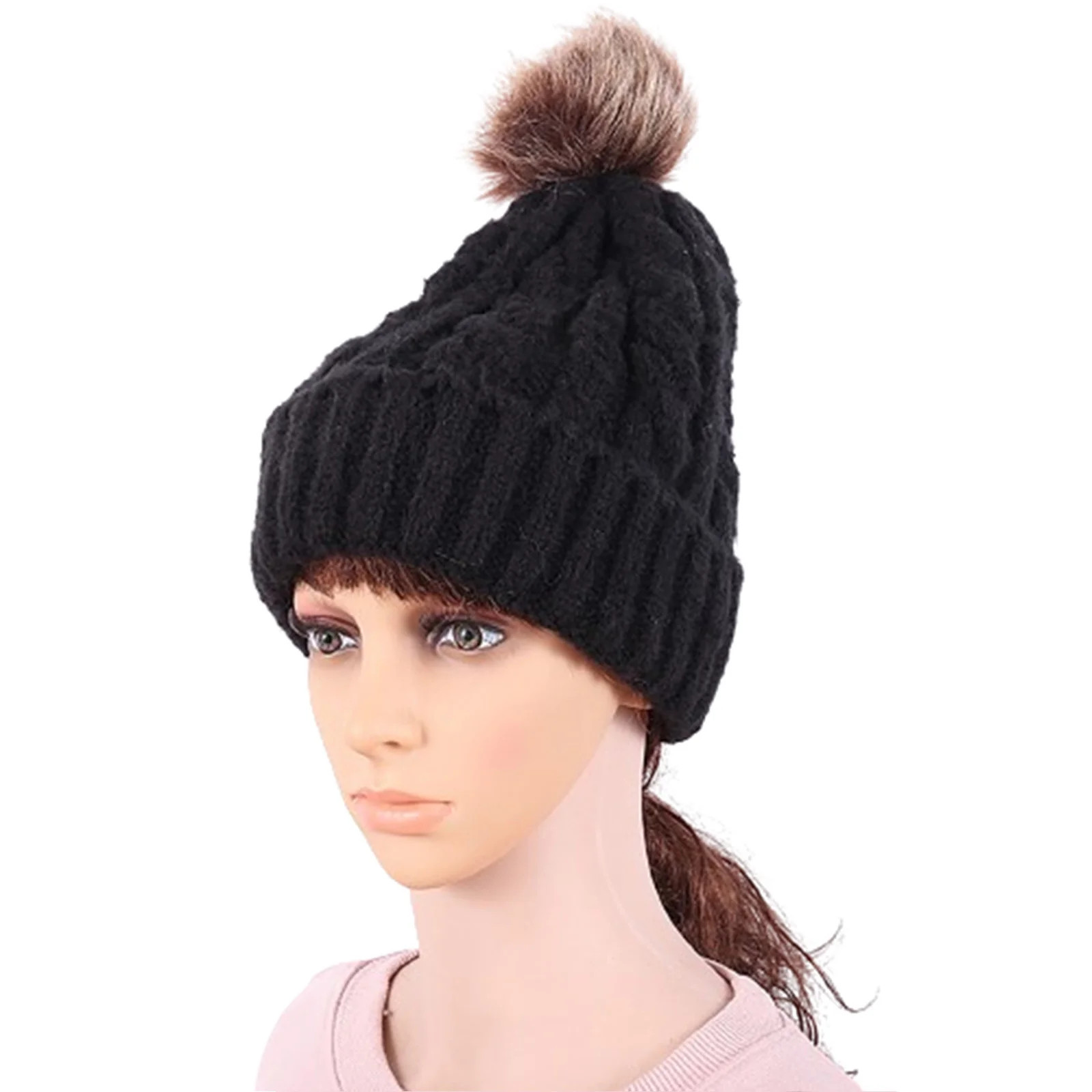 Tao Tao Womens Winter Ribbed Beanie Crossed Cap Chunky Cable Knit Pompom Soft Warm Hat Black Free... | Walmart (US)