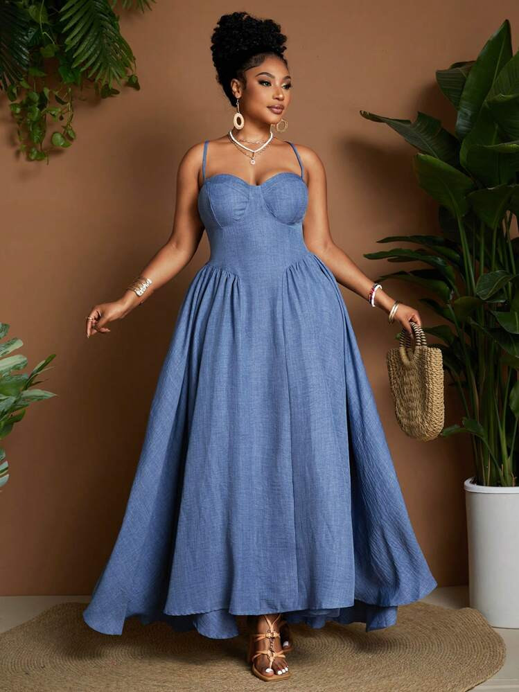 Maweii Plus Size Solid Color Spaghetti Strap Dress, Casual Vacation Style | SHEIN