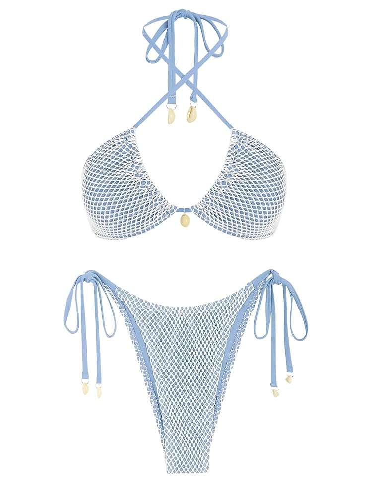 ZAFUL Women's Triangle Bikini Multiway Fishnet Tie Side Bandeau Halter String Bikini Set Two Piec... | Amazon (US)