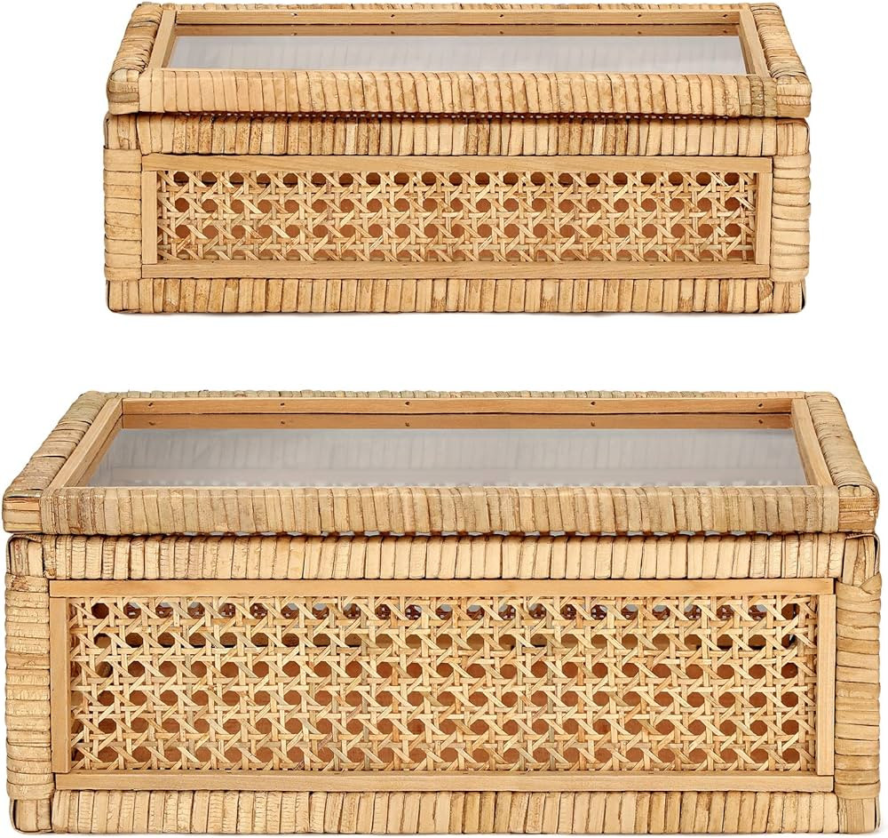 Set of 2 Boho Rectangular Rattan Decorative Boxes with Glass Lids Woven Cane and Rattan Display B... | Amazon (US)