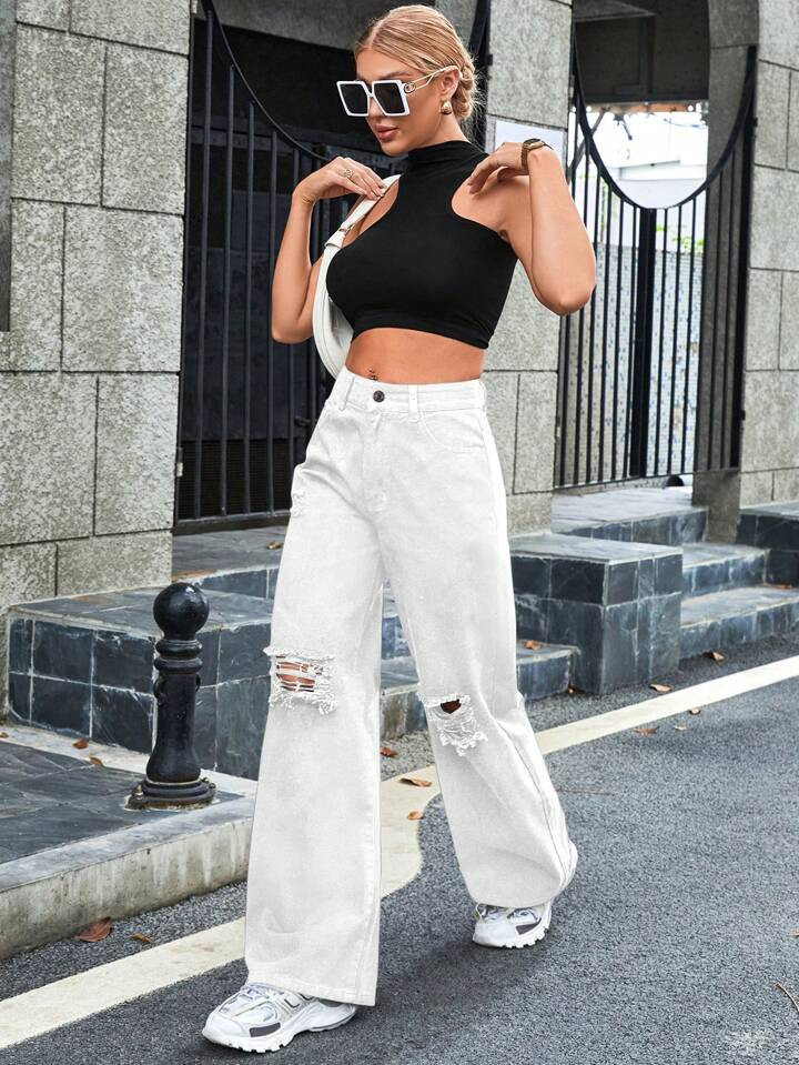 SHEIN EZwear Women's Casual Distressed Loose Wide Leg Jeans, Solid Color | SHEIN