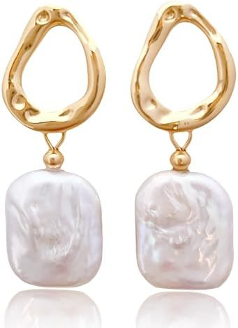 Baroque pearl earrings for Women cultured freshwater Pearl Stud hoop square statement earrings 14... | Amazon (US)