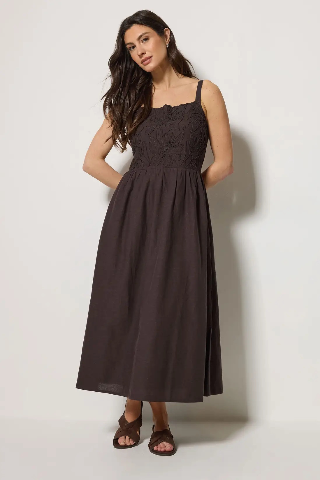 Chocolate M&Co Linen Embroidered Trim Maxi Dress | Debenhams | Debenhams UK