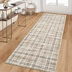 Washable Modern Tartan Plaid Non Slip Kitchen & Bedroom 2'x6' Beige Stain Resistant Throw Rug | Amazon (US)
