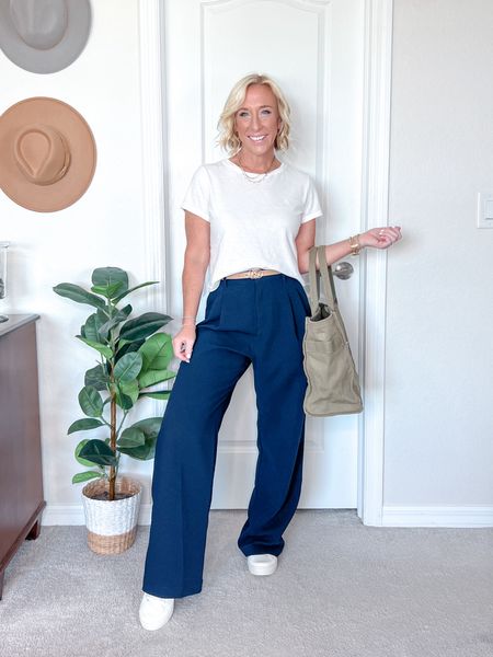 Trouser pants are now 60% off (in this navy color; 50% off for the black and khaki colors). I’m wearing a size 2 & hemmed them myself. 
Tee - size small. Now on sale for $7!
Sneakers - tts & comfortable for all day walking for days in London  

#LTKSaleAlert #LTKStyleTip #LTKFindsUnder50