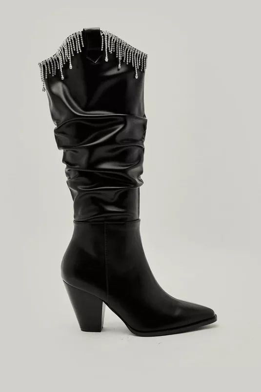 Faux Leather Embellished Fringe Slouchy Western Boots | Nasty Gal (US)