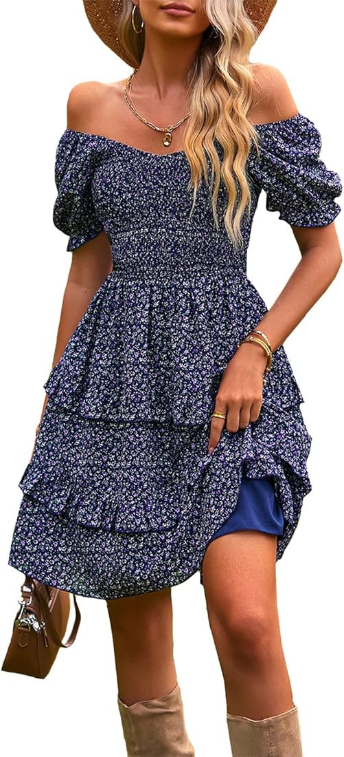 OUSIMEN Women's Dresses Casual Summer Print Ruffle A Line Short Sleeve Mini Floral Dress for Wome... | Amazon (US)