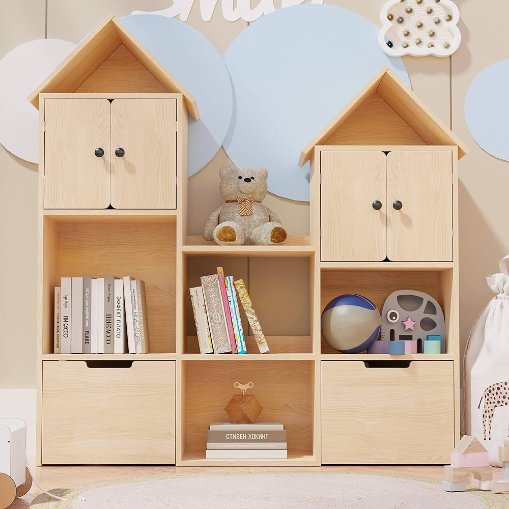 Cozy Castle Wooden Kids Bookshelf with Toy Box, Toy Storage Organizer with Wheels, Kids Bookcase ... | Amazon (US)